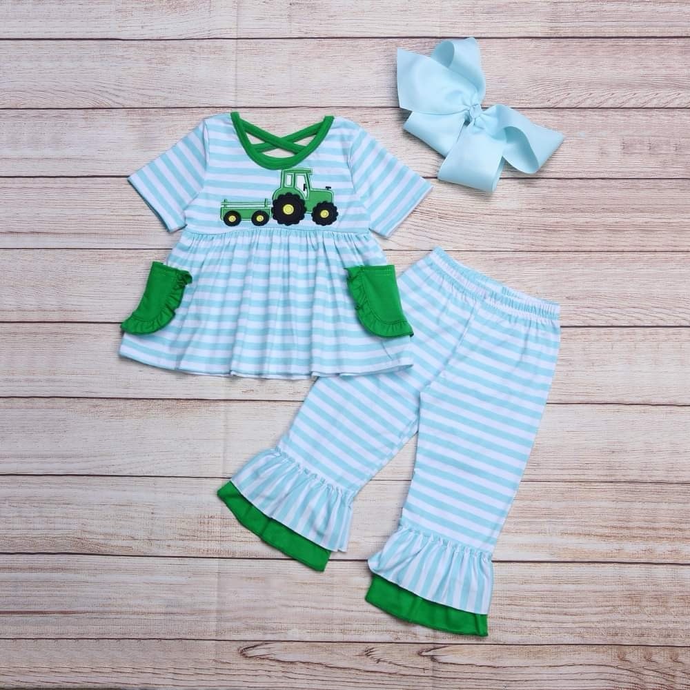 Tractor Embroidered Girls Outfit Set
